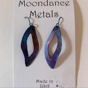 Handmade purple and teal pounded metal earrings